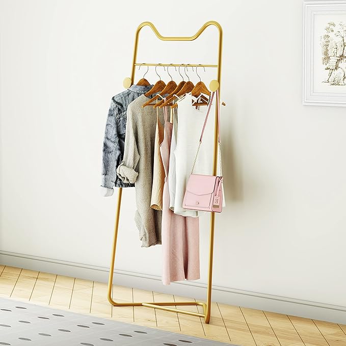 Gold Metal Corner Coat Rack, Modern Clothing Rack Hall Tree with 2 Hooks for Clothes Hat Scarf, Freestanding Clothes Rack for Hallway Entryway, Bedroom, Living Room