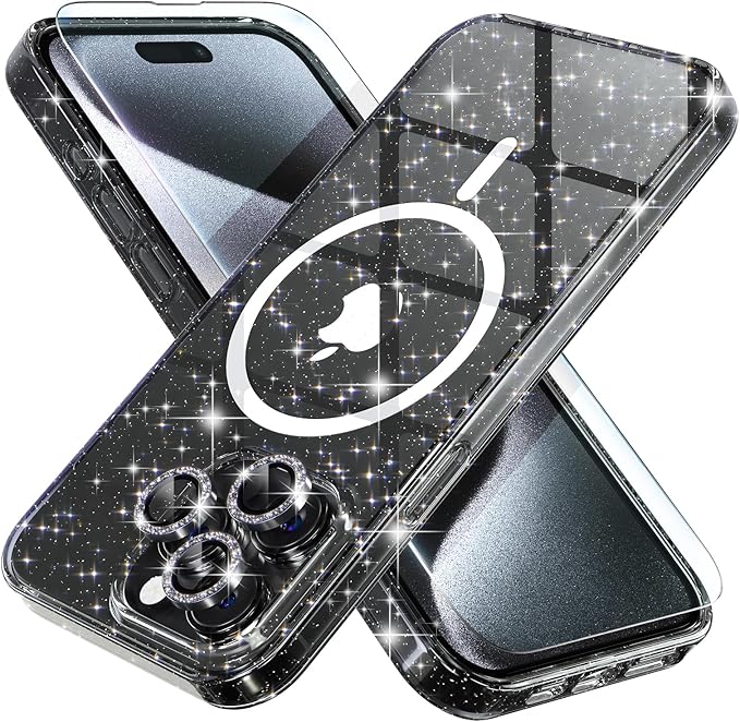 Choiche for iPhone 15 Pro Max Case Compatible with MagSafe Glitter Black | Women Girly Cute Glitter Sparkly Magnetic Phone Case with Diamond Camera Lens Protectors Military-Grade Drop Protection 6.7