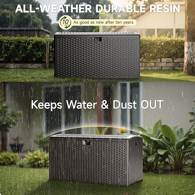 73 Gallon Resin Deck Box, Double Layer Waterproof & Outdoor Indoor Lockable Storage Box for Patio Furniture Cushions Garden Tools (Brown)