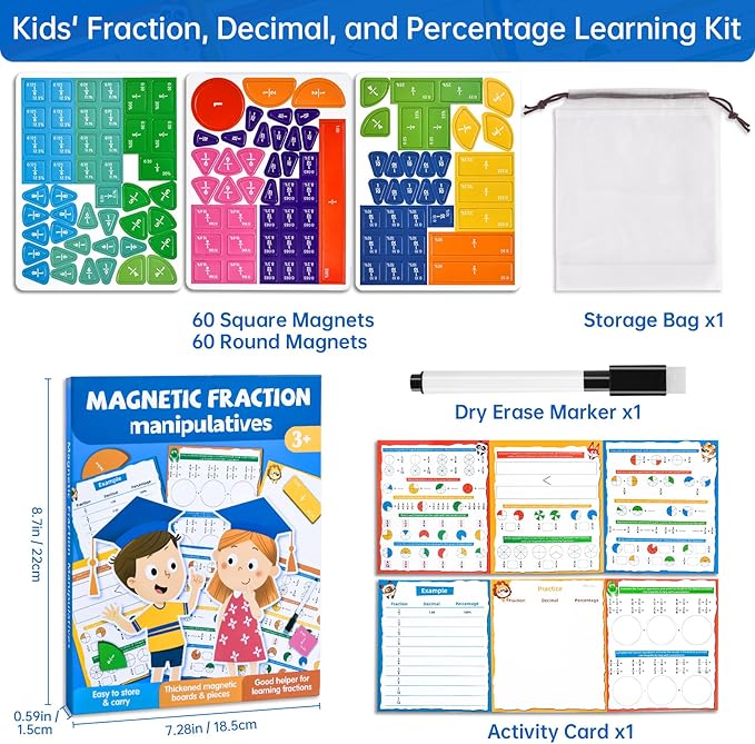 Magnetic Fraction Tiles & Circles Montessori Set for Elementary Kids - Hands-On Math Manipulatives with Activity Book - Learn Fractions, Decimals, Percentages