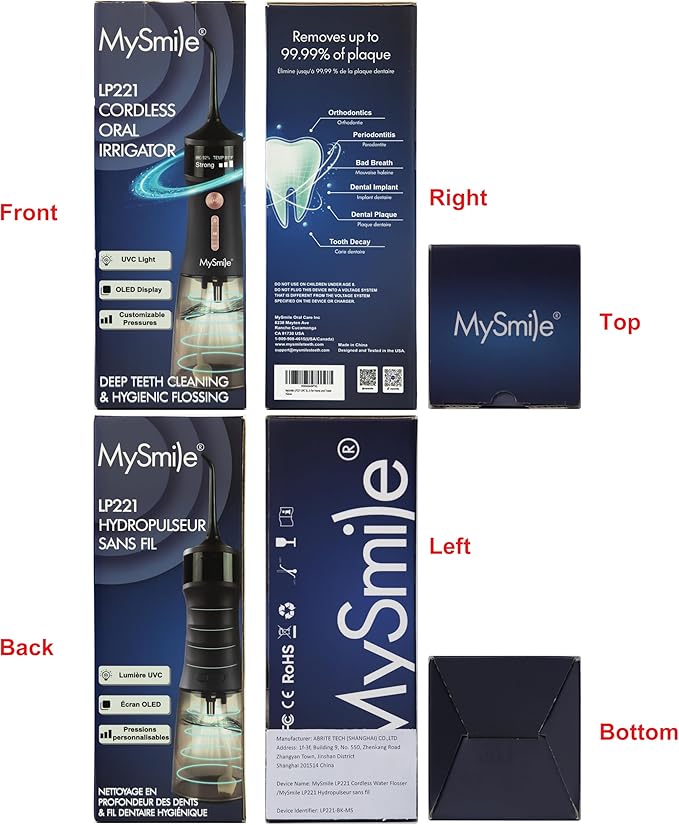 MySmile LP221 Cordless Water Flossers for Teeth with UVC Light Sanitizer and OLED Display, 335ML 4 Modes Water Teeth Cleaner Picks for Teeth Cleaning and Water Flossing (Midnight Black)