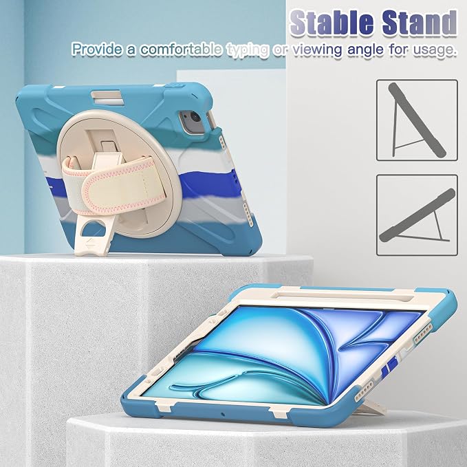 Batianda VortiGrip Case for iPad Air 11 M2/M3/M4 2024-2026 Colorful Blue | Heavy Duty Triple-Layer Rugged Case with 360° Rotating Hand Strap Foldable Hidden Stand Shoulder Strap and Pencil Holder