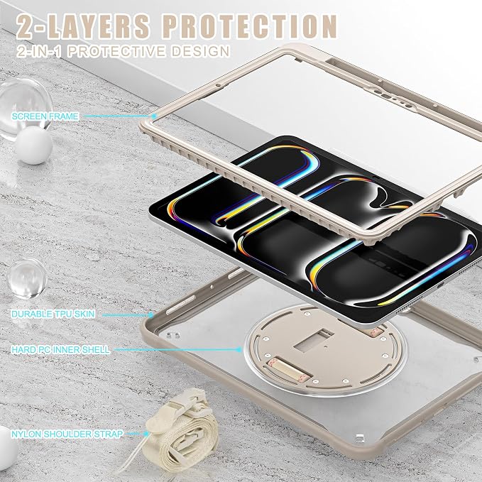 ZenRich Clear Case for iPad Pro 11-inch M5 2025 / M4 2024 LightBlue | Screen Protector Pencil Holder 360°Rotating Kickstand Carrying Strap Shockproof Protective Rugged
