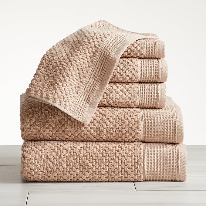 Belle Collection 100% Cotton Waffle Textured 6 Piece Towel Set | Super Soft Quick Dry Bath & Hand Towels, Washcloths | Beige
