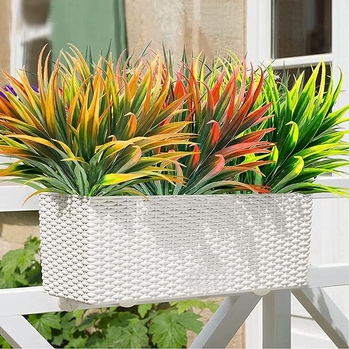 16 Pcs Outdoor Fake Plants UV Resistant Artificial Tall Grass Plants Faux Tropical Flowers Bushes Fall Winter Summer Planters Yard Patio Front Porch Décor Plastic Greenery Shrubs Decoration