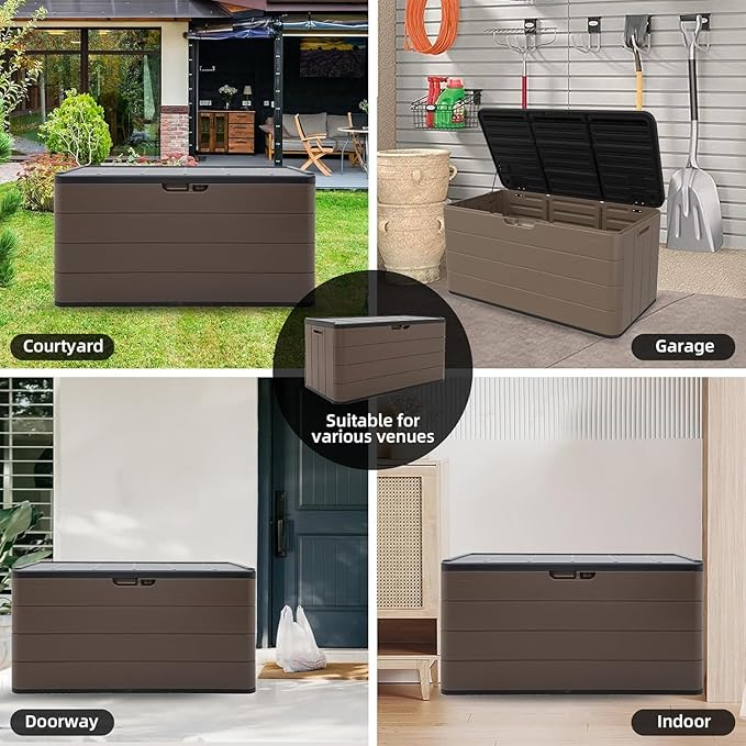 100 Gallon Large Resin Deck Box - Lockable Waterproof Outdoor Storage Bench for Patio Cushions, Garden Tools & Pool Accessories - Wood-Look Texture, Weather-Resistant for Backyard & Porch