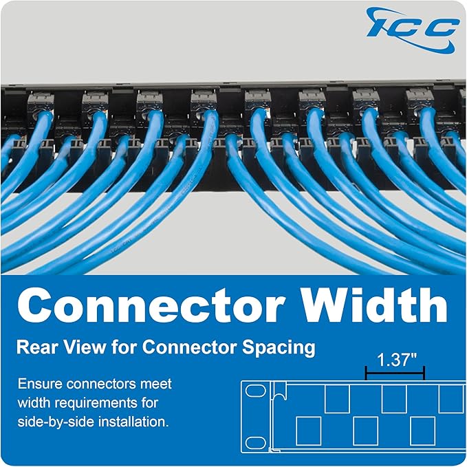 ICC 24 Port Blank Keystone 1U Patch Panel with 19” Metal Rackmount Housing and Cable Support Bar, Staggered Ports to Reduce ANEXT, Works with Keystone Jacks (Sold Separately), UL Listed, IC107PPU6A