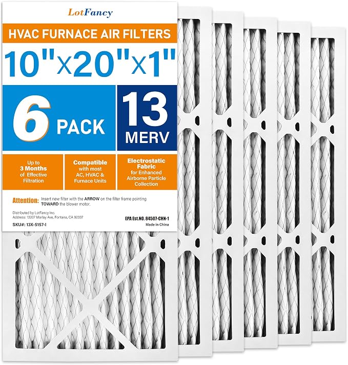 LotFancy 10x20x1 Air Filter MERV 13 6-Pack, Electrostatic Pleated HVAC Furnace
