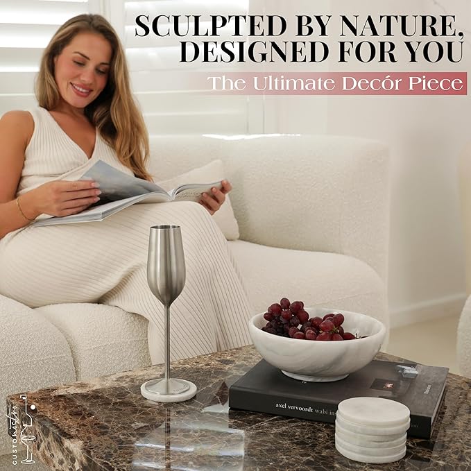 Gusto Nostro 8" Luxury White Marble Decorative Bowl for Coffee Table - Elegant Modern Fruit Bowl for Kitchen Counter - Heavy Stone Entryway Catch all for Keys, Jewelry, Potpourri Holder - Medium Size