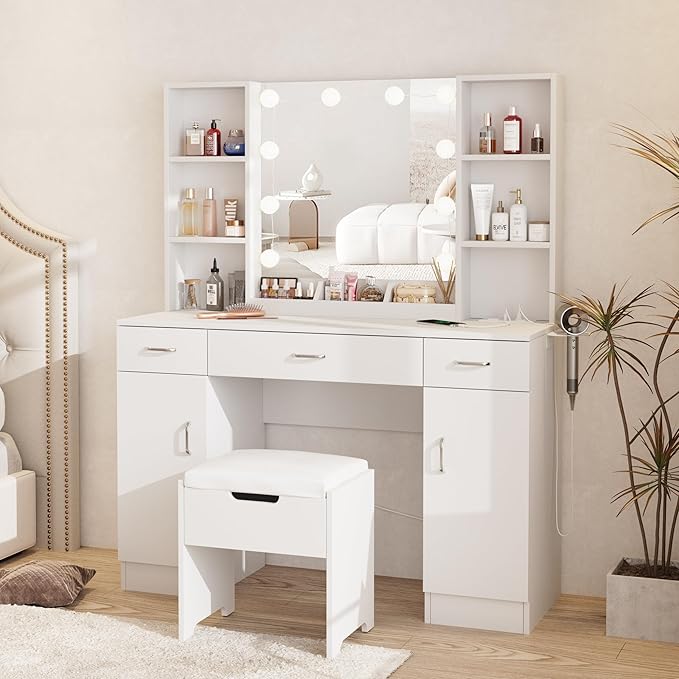 Makeup Vanity Table with Lighted Mirror & Outlets, Large Vanity Set Vanity Desk with Lots Storage, 3 Lighting Modes, Brightness Adjustable, 45inch