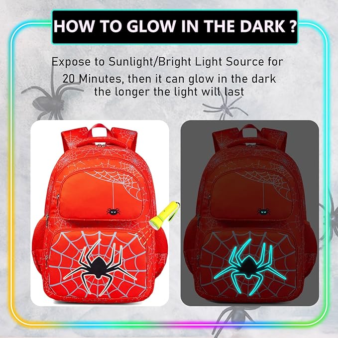 Boys Backpack with Lunch Box Glow in Dark Bookbag Kids Ages 4-12 Kindergarten Elementary Middle School Spider Backpack, Luminous Spider Red