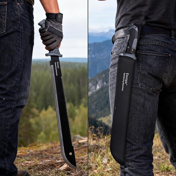 Machete for Bushcraft, 24 inch Survival Knife with Saw for Yard Work, Gardening Heavy Duty Machete with No-Slip Handle and Sheath for Hunting, Outdoor Tree Cutting Esvopa
