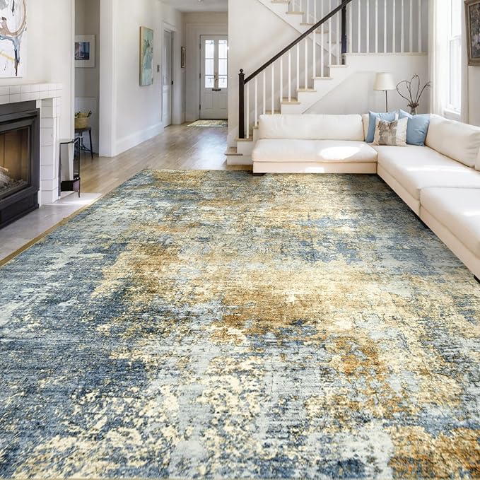 Area Rug Living Room Rugs - 9x12 Modern Abstract Soft Indoor Neutral Washable Rug Stain Resistant Non-Slip Low Pile Carpet for Bedroom Dining Room Home Office - Blue/Grey/Yellow