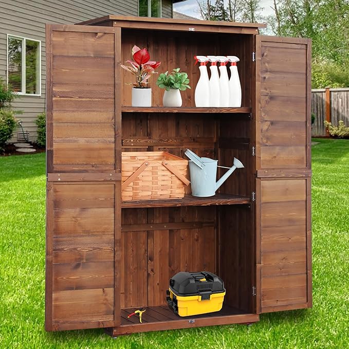 Outdoor Storage Cabinet, Wood Garden Shed, Pool Storage Shed with Lockable Door, Waterproof Roof and 2 Removable Shelves, Vertical Outside Storage Shed for Patio, Backyard, Carbonized Black