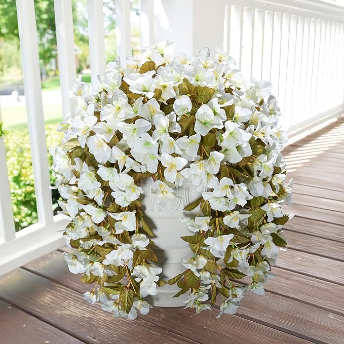 Bougainvillea Artificial Flowers Fake Plants for Outdoors Winter Decoration, 2 pcs Faux Long Trailing Vines UV Resistant Look Real White Silk Flowers for Outside Planter Front Door Porch Urn Yard Home