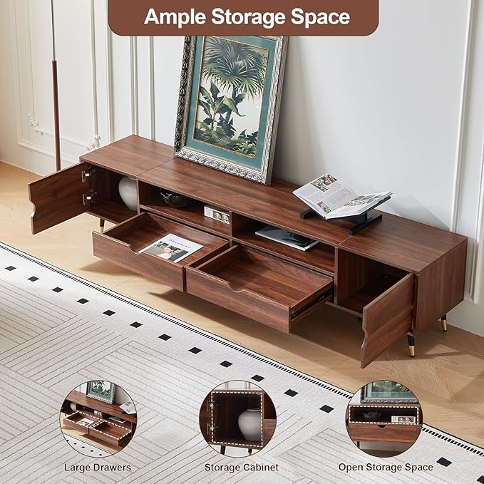 siu want Mid-Century Modern TV Stand for TVs up to 85 Inch, 78.7'' Walnut Wood Media Console with Drawers & Open Storage, Solid Wood Legs, Low Profile Entertainment Center for Living Room