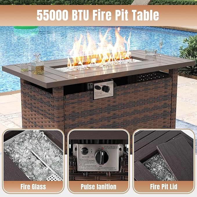 Aoxun 7 Pieces Patio Furniture Set with 44” Fire Pit Table Wicker Rattan Outdoor Sectional Conversation Set with Coffee Table and 4” Thickened Cushions, Beige (Waterproof Cover Included)