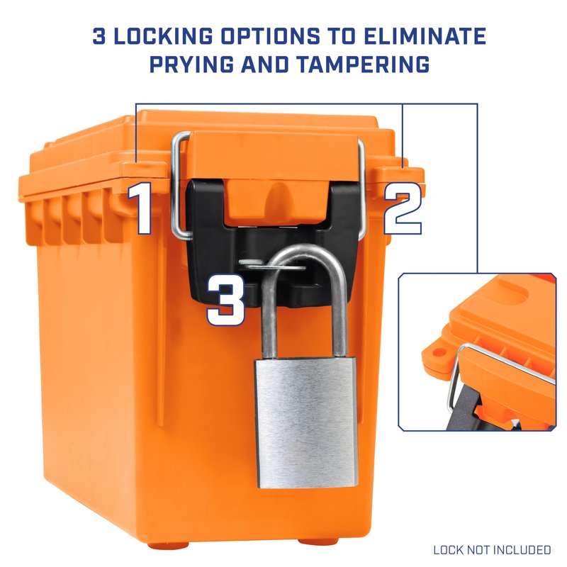 Sheffield 12630 Ammo Storage Box, Stackable .30 Cal Field Boxes, Water and Dust Resistant, Lockable Storage Box with Handle, Secures Hunting Gear, Supplies, and Bullets, Made in USA, Orange, 1-Pack