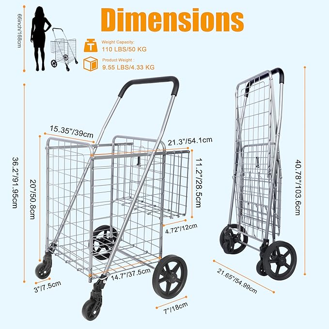 Whitmor Utility Folding Shopping Cart, 115L Heavy Duty Grocery Cart with Double Basket, 360° Swivel Wheels, Foldable Rolling Utility Trolley, 110 Lbs Capacity for Grocery, Laundry, Travel, Sliver