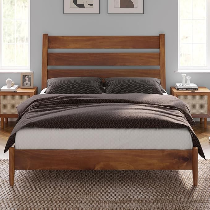 VanAcc Solid Wood Full Bed Frame, Platform Bed with Reclining Slatted Headboard, Mid Century Bed Frame with Wood Slat Support, Light Brown