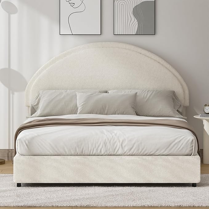 Queen Bed Frame, Boucle Upholstered Platform Bed Frame with Rounded Corners, Soft Bedframe with Round Headboard, No Box Spring Required, Easy Assembly, White