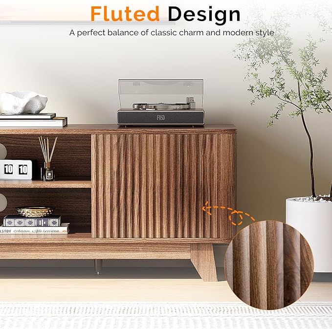 VINGLI 58.6" TV Stand up for 70 Inch TV, Mid Century Entertainment Center with Fluted Sliding Doors and Open Storage, Elegant Media Consoles for Living Room, Walnut