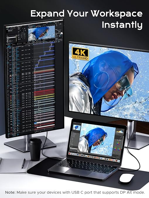 Plugable Short Braided USB C Monitor Cable 1FT 4K@144Hz/8K Video Output | USBC 3.2 Gen 2X2 Display Cable 20Gbps Data Transfer 240W PD Charging Fit for Portable Monitor SSD MacBook iPhone 17
