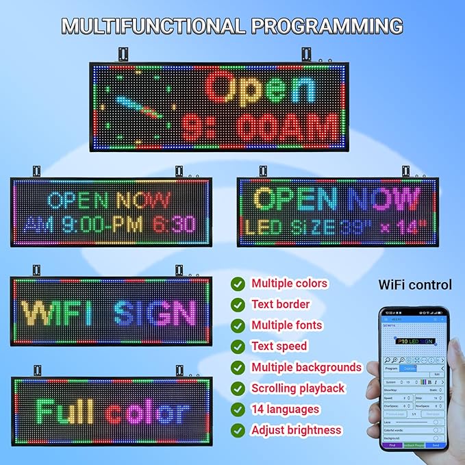 P10 LED Signs, Scrolling Led Programmable Sign Display 39"x14" , Multiple Colors Digital Message Board LED Open Signs For Business, WiFi Control Display Screen Menu Board Custom Banner Word, Outdoor and Indoor
