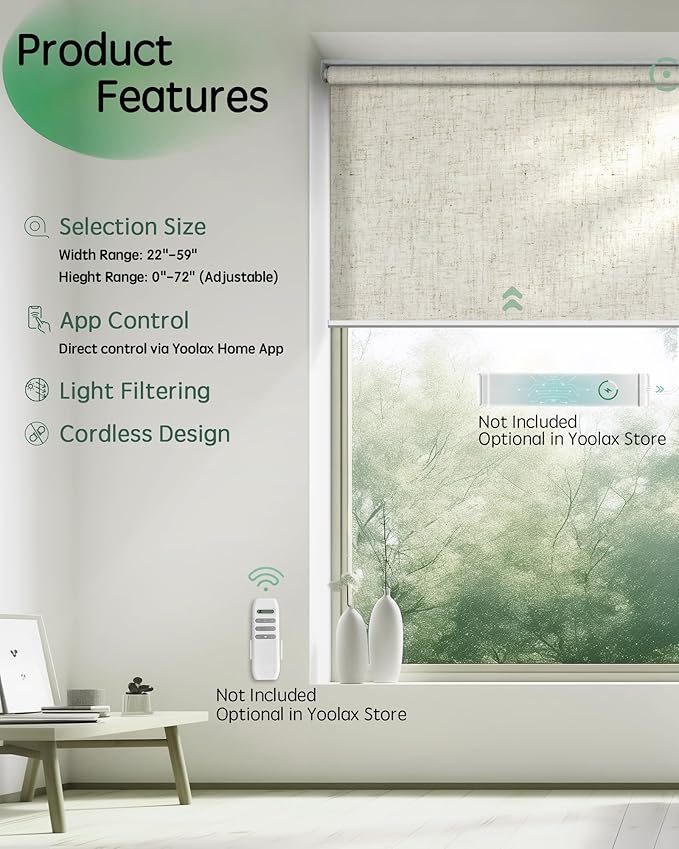 Yoolax Motorized Blinds App Control, Light Filtering Motorized Shades for Windows, Cordless Automatic Roller Shades for Bedroom Living Room Office(Light Filtering Linen Beige, 44" W x 72" H)