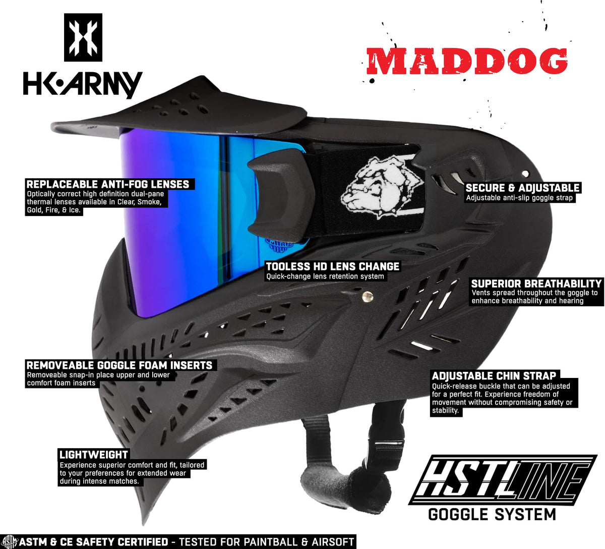 Maddog HK Army HSTL Paintball Airsoft Mask Goggle System | Replaceable Thermal Dual-Pane Anti Fog Lens | Adjustable Full-Face Safety Certified Protection - Black with Ice Lens