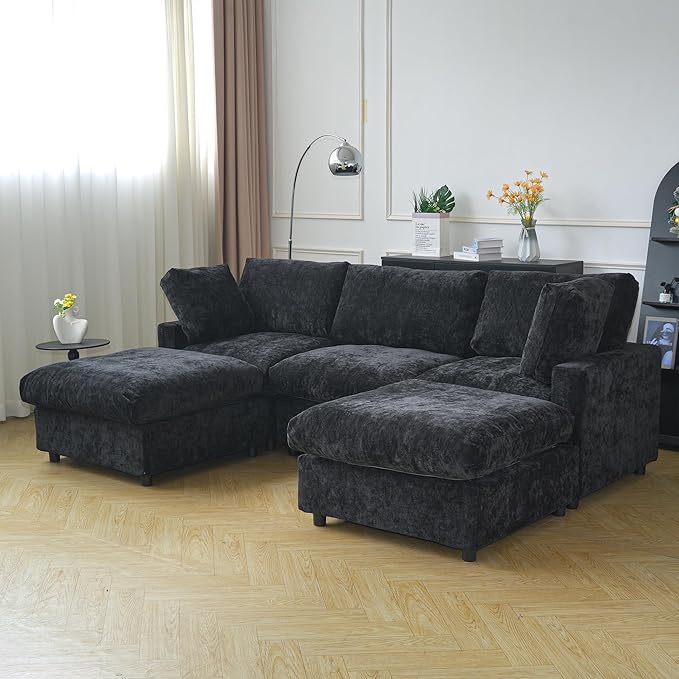 JACH U Shape Sectional Couches for Living Room, Convertible Modular Sofa with Ottomans, Cloud Sectional Couch, Sofa Covers Washable, Minimalist Couch for Living Room, Apartment, Black