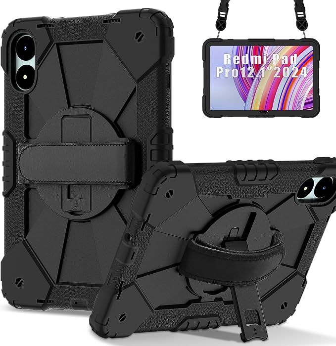 for Xiaomi Redmi Pad Pro 12.1/Xiaomi Poco Pad 12.1 Case with with Kickstand/Hand Strap/Rotating/Shoulder Strap (Black/Black)