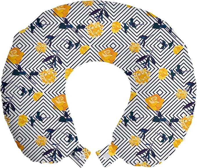 Ambesonne Floral Travel Pillow Neck Rest, Composition of Flowers and Concentric Squares, Memory Foam Traveling Accessory for Airplane and Car, 12", Yellow