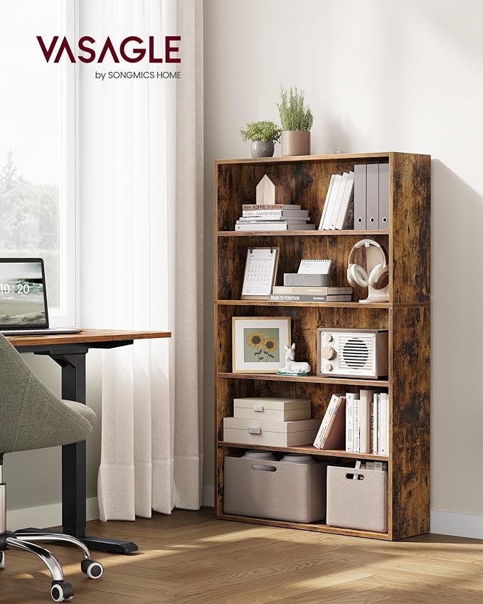 VASAGLE Custos Collection - Bookshelf, 5-Tier Bookcase, Book Shelf, Open Storage Shelf, 9.4 x 30 x 52.8 Inches, for Living Room, Home Office, Dinning Room, Rustic Brown ULBC175X01
