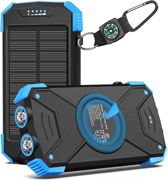 BLAVOR Solar Power Bank 10000mAh Portable Wireless Charger 20W Fast Charging External Battery Pack with USB C for Cell Phones Solar Panel Charging with Dual Flashlight for Camping