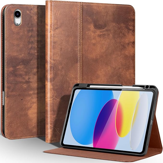 Leather Case for iPad (A16) 11th (11)/ 10th Generation (10.9) Full Grain LeatherProtective Smart Folio Cover with Pencil Holder Auto Sleep/WakeAnti Slip Black Silver