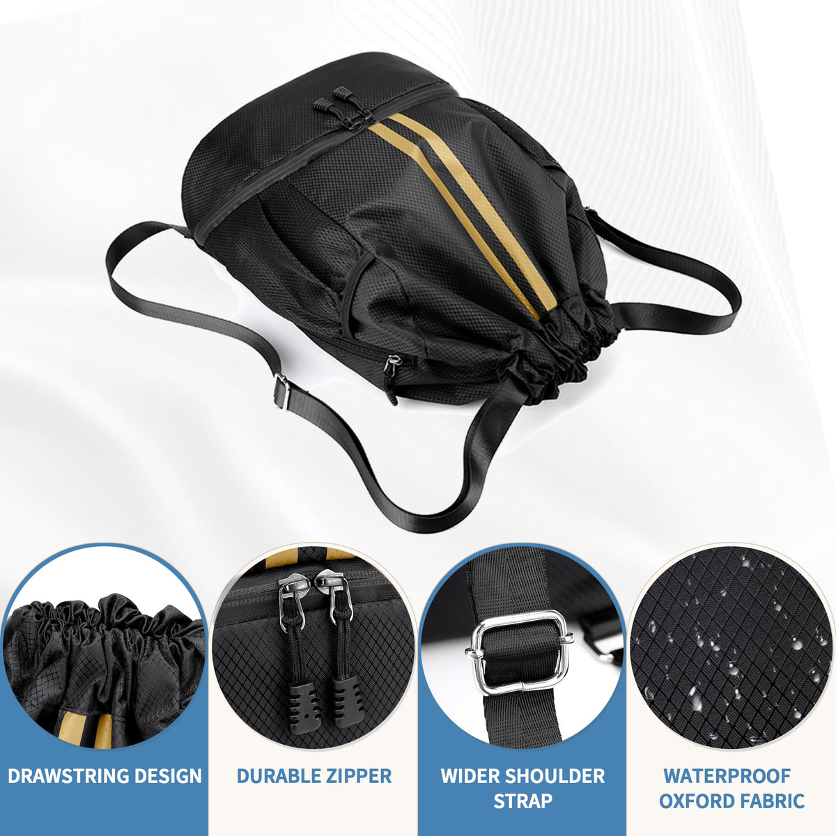 JELUTAR Drawstring Backpack Gym Bag with Shoes Pocket, Black Gold
