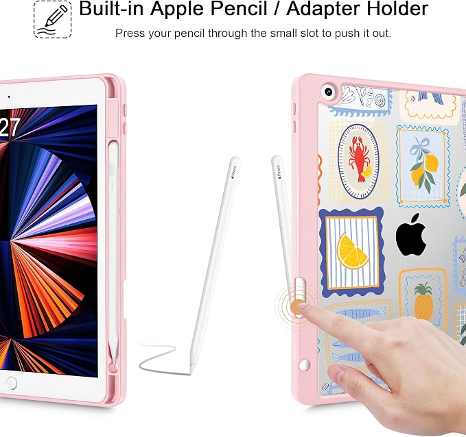 Case for iPad 9th/8th/7th Generation 10.2-Inch (2021/2020/2019 Release) with [Built-in Pencil Holder] Shockproof Cover with Clear Transparent Back Shell &amp Auto Wake/Sleep - Blue Bows