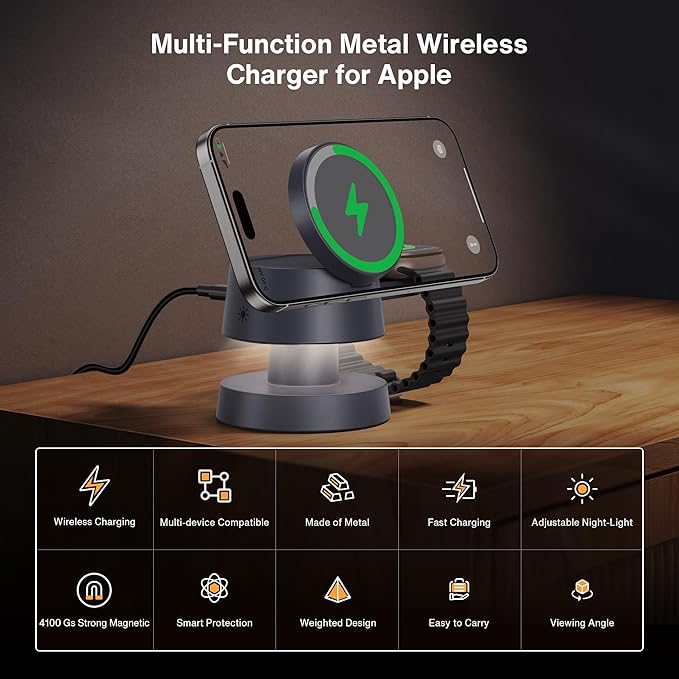 iVANKY 4 in 1 Wireless Charging Station with Mushroom Light for MagSafe Magnetic Charger, Travel Stand 3 in 1 Charge for iPhone 17-11 Pro Max Plus Air, Apple iWatch, Airpods（Includes 33W Adapter） ﻿ ﻿