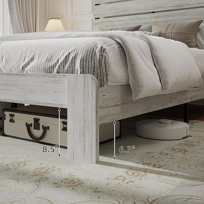 Rustic White King Size Wooden Bed Frame with Farmhouse Headboard, Solid Wood Platform Bed with Wood Slats, Noise-Free Structure, No Box Spring Needed
