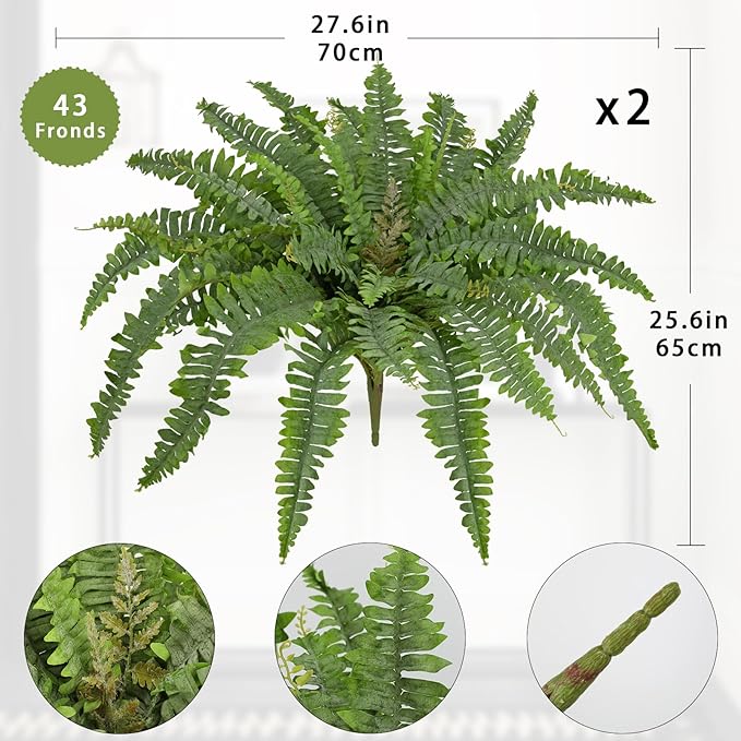Ferns Artificial Plants 2 Pack Faux Ferns for Outdoor Planter Large Fake Ferns Look Real Artificial Ferns with 86 Fronds Hanging Boston Fern Fake Plant Shrubs for Home Farmhouse Garden Porch Decor