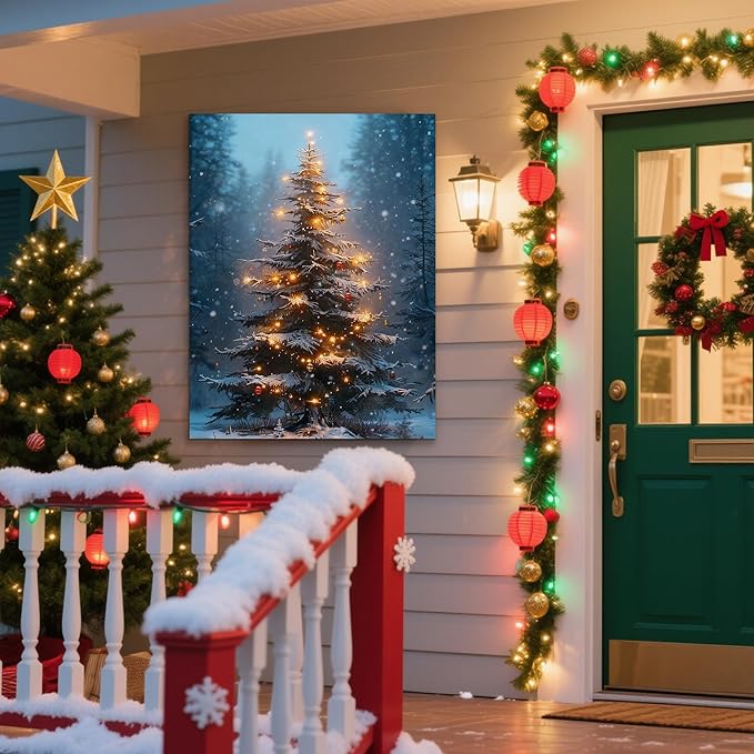 Framed Christmas Pictures Wall Decor,Vintage Pine Tree Prints,Winter Christmas Canvas Wall Art Decoration for Bedroom Bathroom Living Room Rustic Xmas Holiday Gifts (Christmas Tree 3, 24'' X 36'')