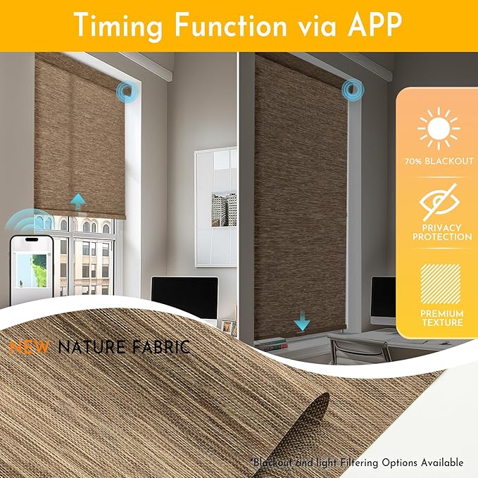 Persilux Smart Motorized Blinds with Remote, No Drill Automatic Roller Shades for Indoor Windows, Light Filtering Linen Fabric, Electric Blinds for Windows, Nature Brown C25-11, Custom Size