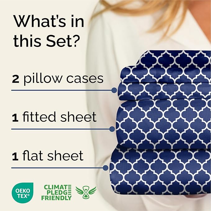 Blue Geometric Bed Sheets - 1 Flat & 1 Fitted Sheet & 2 Pillowcases w/ Deep Pockets – Wrinkle & Fade Free- Ultra-Soft, Breathable & Cooling - Luxury Moroccan Bed Set – Cal King Size - Navy Quatrefoil