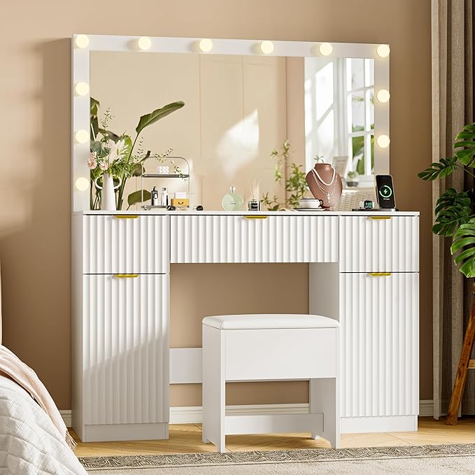 Vanity Desk with Large 42" Mirror and Lights, White Fluted Makeup Table Set with Storage Drawers, Power Outlet & Stool, 3 Lighting Modes & Adjustable Brightness, Dressing Table for Women Girls Bedroom