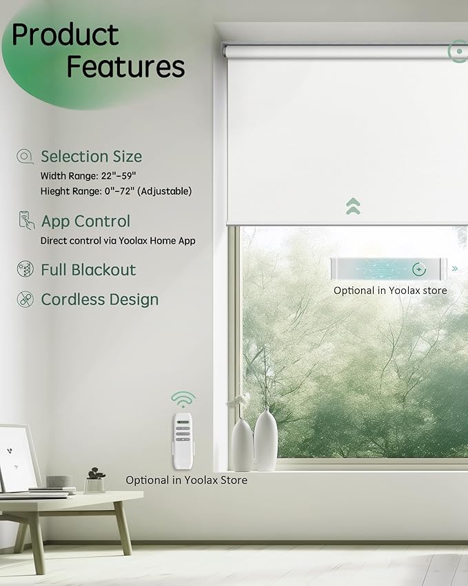 Yoolax Motorized Blinds App Control, Blackout Roller Shades for Windows, Cordless Automatic Shades Roller Window Blinds for Bedroom Living Room Office (Blackout Alpine White, 43" W x 72" H)