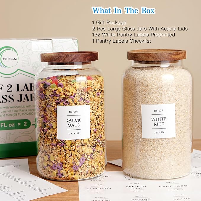 CZHQSMZ Set of 2 Large Glass Jar with Airtight Acacia Lid and 132 Kitchen Pantry Labels, Clear Glass Food Storage Jars Containers for Rice Flour Pasta Sugar Coffee Cookie and More(98 Fl Oz/2800 Ml)