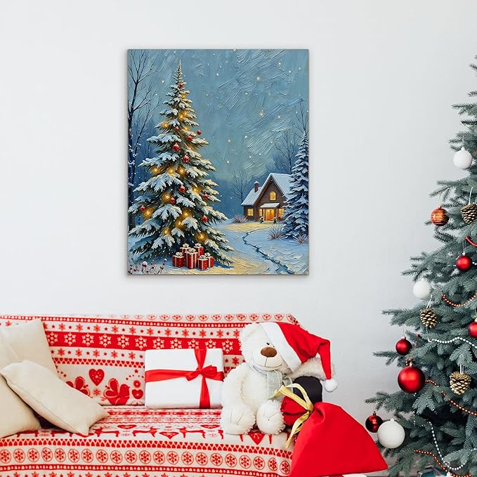 Framed Christmas Pictures Wall Decor,Vintage Pine Tree Prints,Winter Christmas Canvas Wall Art Decoration for Bedroom Bathroom Living Room Rustic Xmas Holiday Gifts (Christmas Tree 20, 16'' X 24'')