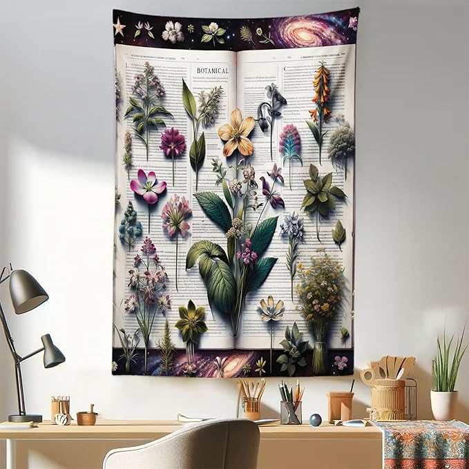 Ambesonne Botanic Tapestry, Wildflowers on an Open Vintage Book with Galactic Milky Way Swirls, Fabric Wall Hanging Decor for Bedroom Living Room Dorm, 30" X 45", Forest Green and Multicolor