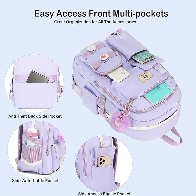 School Backpack for Teen Girls Women College Laptop Backpacks Girl Cute Bookbag Set with Lunch Box Pencil Case Kids Elementary Middle High Bag 3 Pcs Students Bookbags Set Travel Daypack-Purple